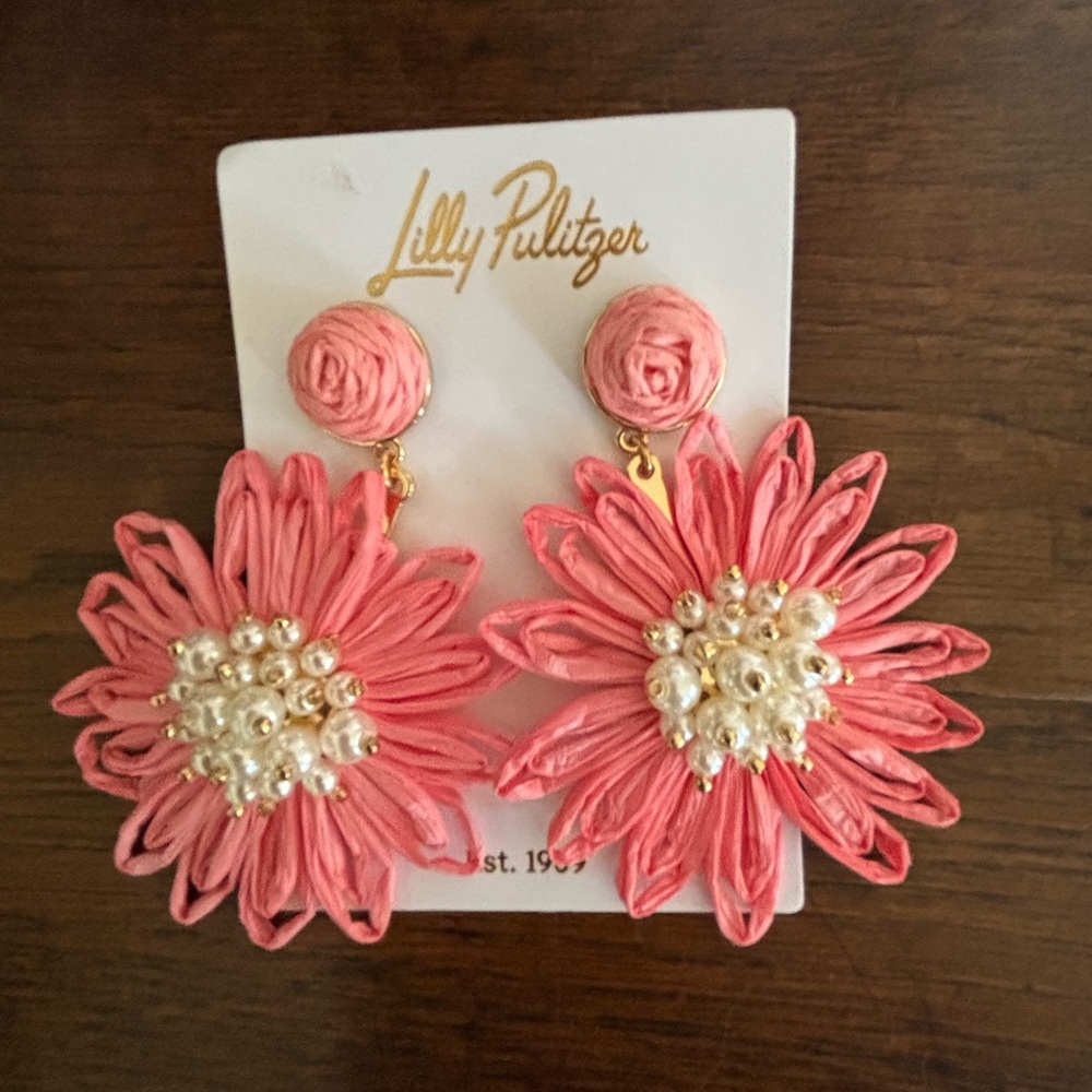 Lilly Pulitzer Pink Floral Earrings with Pearl Accents